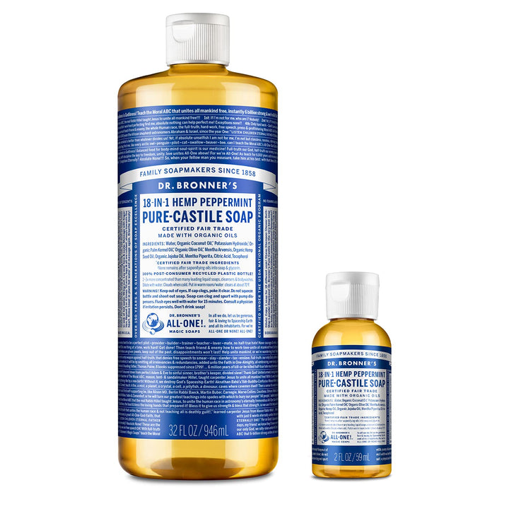 Dr. Bronnerââ‚¬â„¢s - Pure-Castile Liquid Soap (Peppermint, 32 ounce and 2oz bundle) - Made with Organic Oils, 18-in-1 Uses: Face, Body, Hair, Laundry, Pets and Dishes, Concentrated, Vegan, Non-GMO