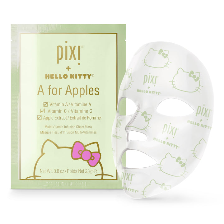 Pixi + Hello Kitty A for Apples Sheet Mask, Instantly Hydrating & Brightening Facial Mask, Infused with Vitamin A, Vitamin C, and Apple Extract, 3 Masks Per Box 3 x 0.8 oz / 23 gm