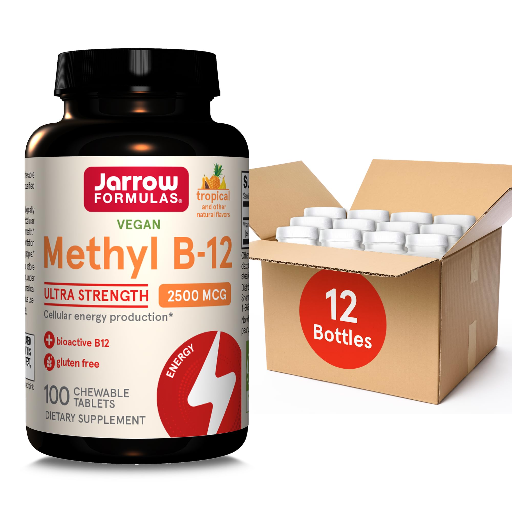 Jarrow Formulas Ultra Strength Methyl B-12, Dietary Supplement for Cellular Energy Production, 100 Tropical-Flavored Chewable Tablets, Up to a 100 Day Supply, Pack of 12