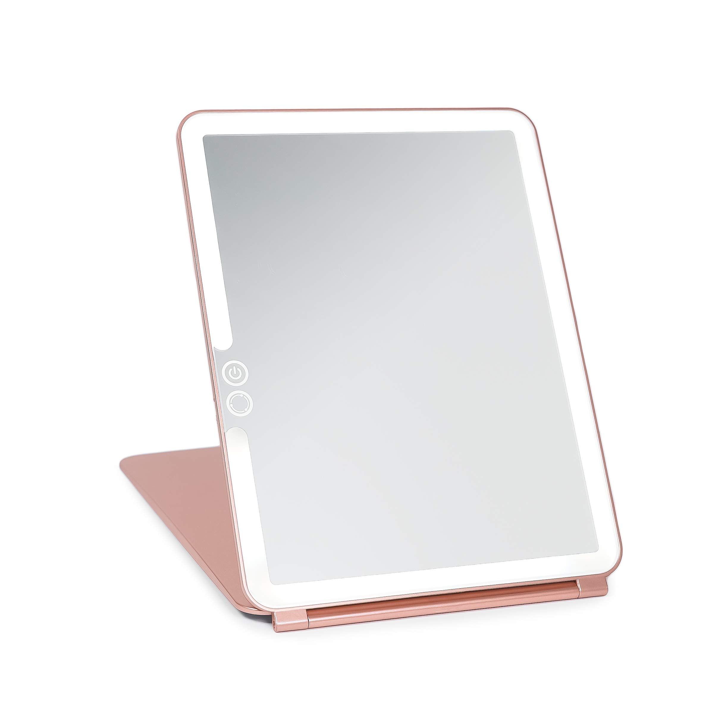LUNA London Eclipse LED Lighted Travel Vanity Makeup Mirror | 3 Colour Light, Compact, Portable, Lighted, Rechargeable, Illuminated Mirror | Perfect for Travel, Makeup & Beauty Needs | Rose Gold