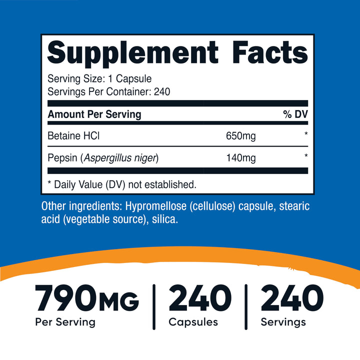 Nutricost Betaine HCl + Pepsin 790mg, 240 Capsules - Gluten Free & Non-GMO