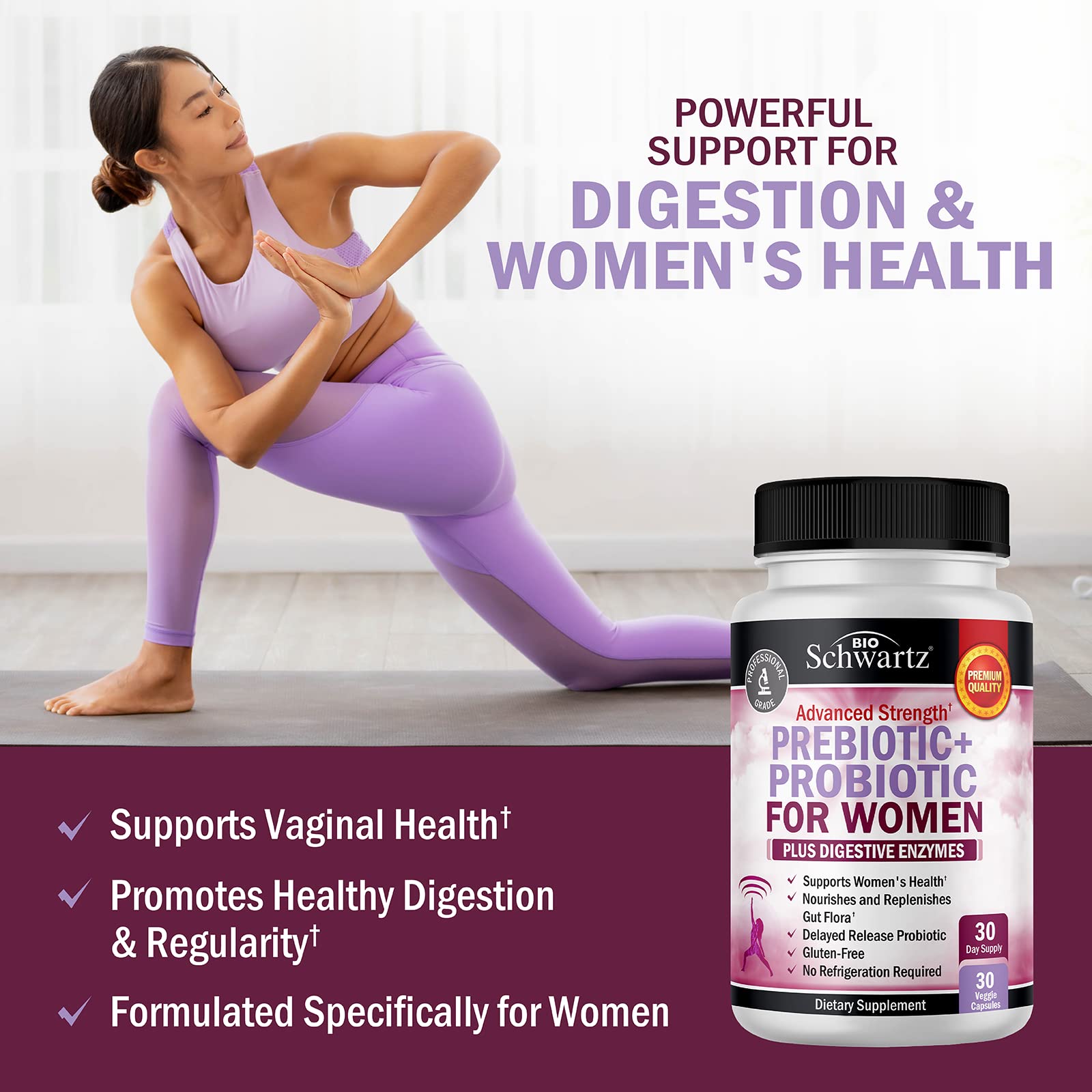 Prebiotics and Probiotics for Women - for Gut, Vaginal and Immune Health Support with Black Cohosh and Red Clover - Whole Food Digestive Enzymes Capsules, Lactobacillus Probiotic Supplement, 30 Count