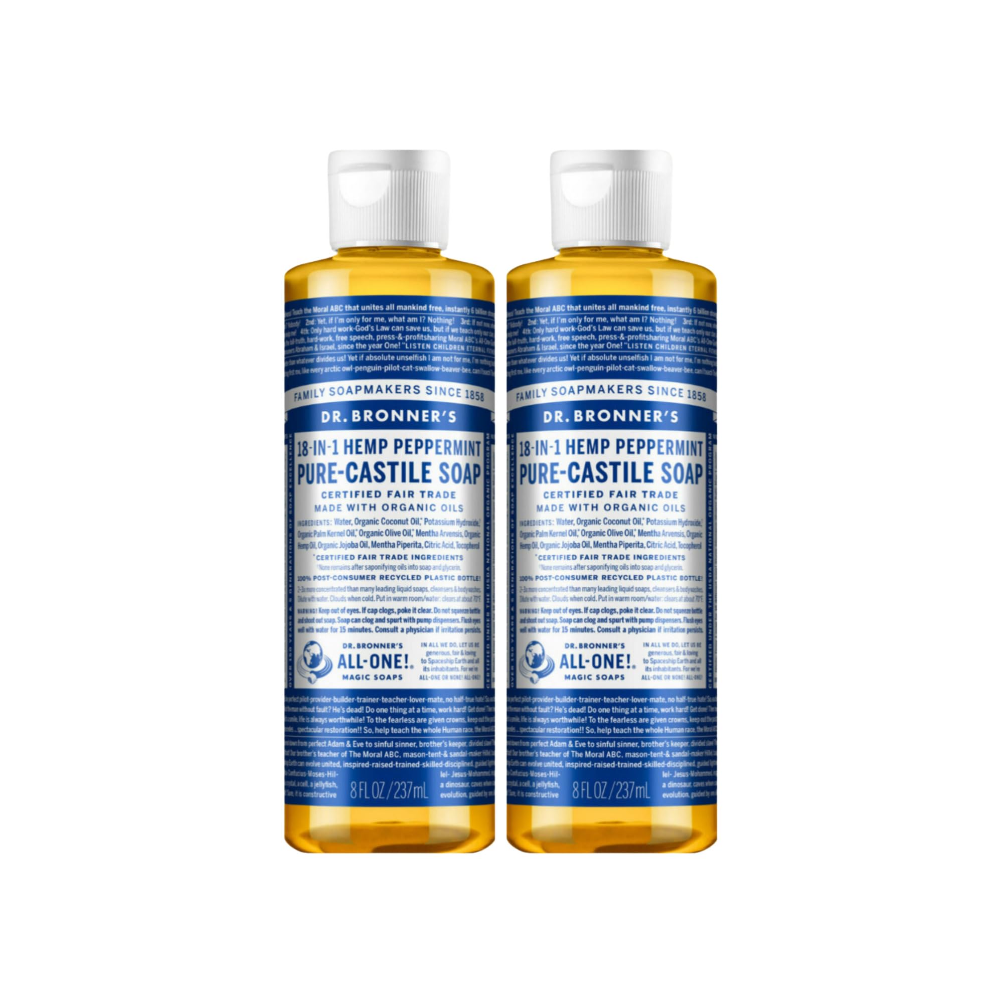 Dr. Bronner's Organic Peppermint Liquid Soap - 18-in-1 All-Purpose Cleaner with Invigorating Peppermint Oil - 8 Oz Size - Gentle Cleansing for Body, Face, Home - Natural, Organic Formula (2-Pack)