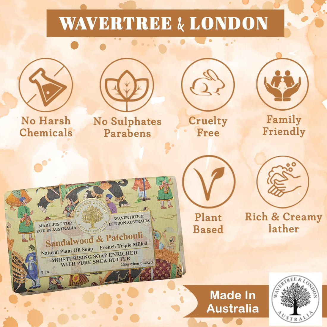 Wavertree & London Sandalwood & Patchouli Scented Natural Soap (8 Bars), 7oz Moisturizing French Triple Milled Soap Bars enriched with shea butter - Pure Plant Oil Bath & Body Soap for All Skin Types