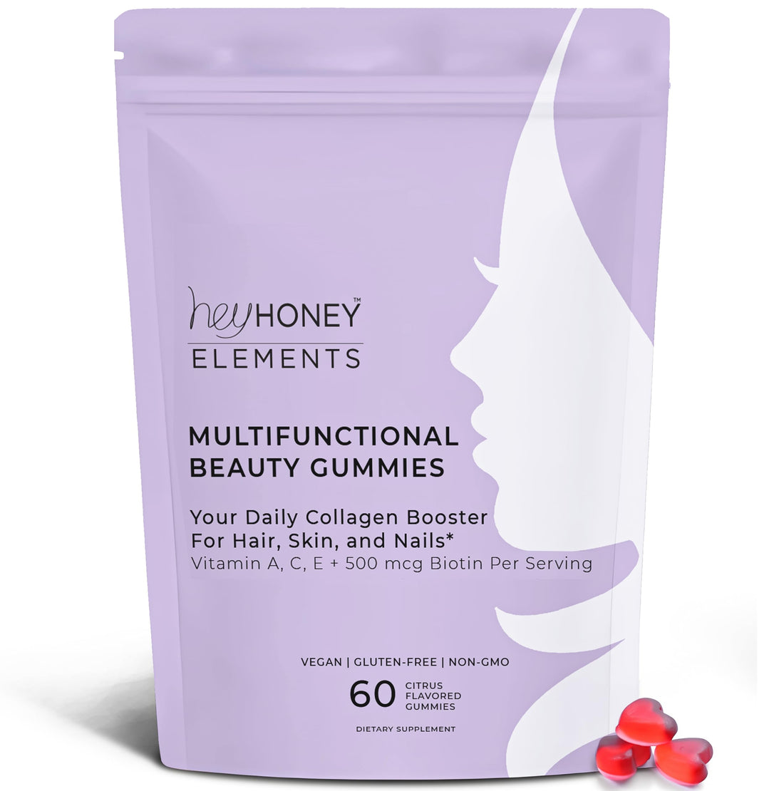Hey Honey Skincare Vegan Multifunctional Supplement Gummies for Radiant Skin and Wrinkle Support, Hair, and Nails,Gluten Free, Non GMO, Citrus Flavor, 60 Counts