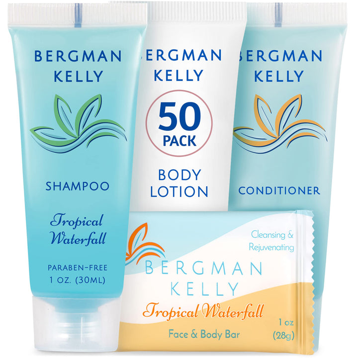 BERGMAN KELLY Hotel Toiletries Bundle (Tropical Waterfall, 1 oz each, 200 Pieces) 4-Piece Set: 50 Rectangular Bar Soap, 50 Shampoo, 50 Conditioner & 50 Body Lotion - Bulk Mini Guest Amenities