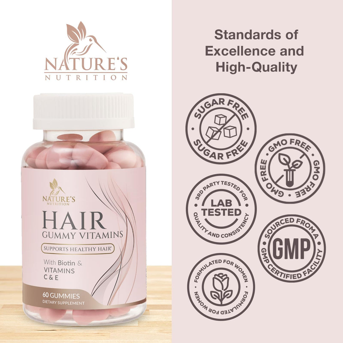 Sugar Free Hair Vitamins Gummies with Biotin 5000 mcg, Vitamin A, B12, C, D, E, Folic Acid, Supports Hair Growth Gummy, Vegetarian Friendly, Supports Strong Beautiful Hair and Nails - 60 Gummies