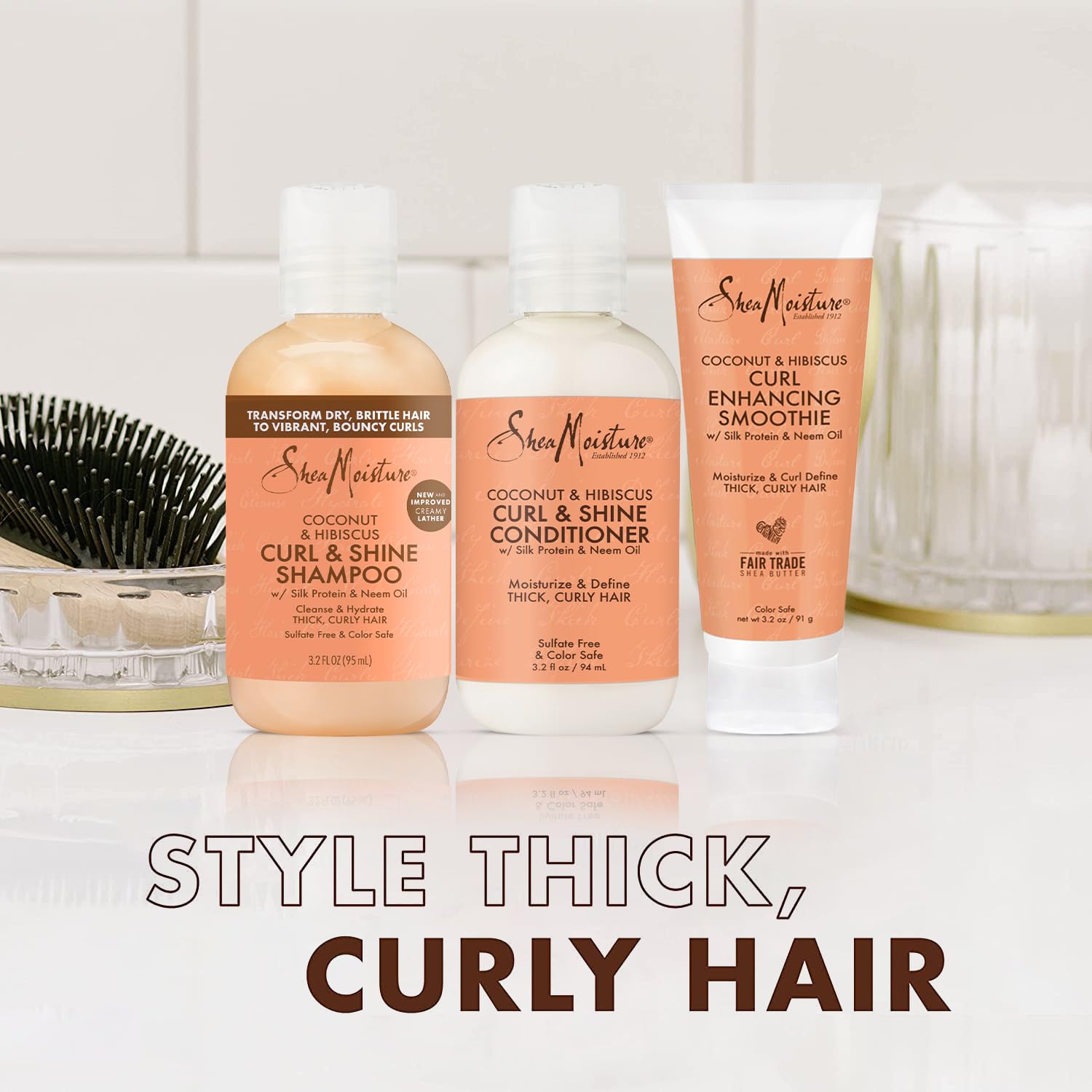 SheaMoisture Curl & Shine Shampoo, Conditioner & Curl Enhancing Smoothie, Travel-Size –Coconut & Hibiscus Curly Hair Products for Shiny Hair & Frizz Control, 3.2 Oz Ea (3 Piece Set)