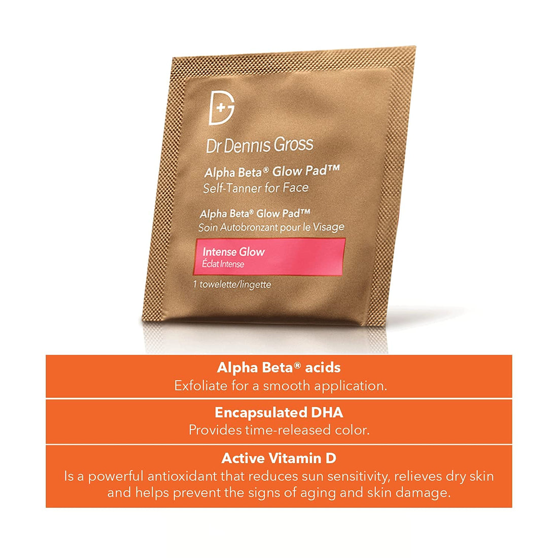 Dr Dennis Gross Alpha Beta Glow Pad Self Tanner, Intense Glow for Face: for Dull Skin Lacking Radiance & Glow, (20 Towelettes)