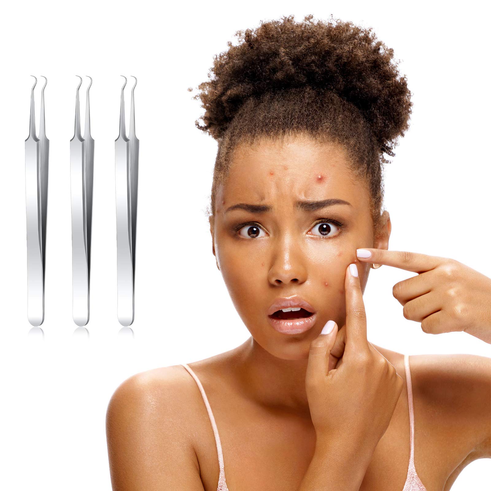 3 Pieces Blackhead Tweezers Acne Blemish Stainless Steel Blemish Extractor Tool for Remove Blackhead Acne Whitehead Pimple Bend Curved Tweezer Skin Blackhead Remover Tools