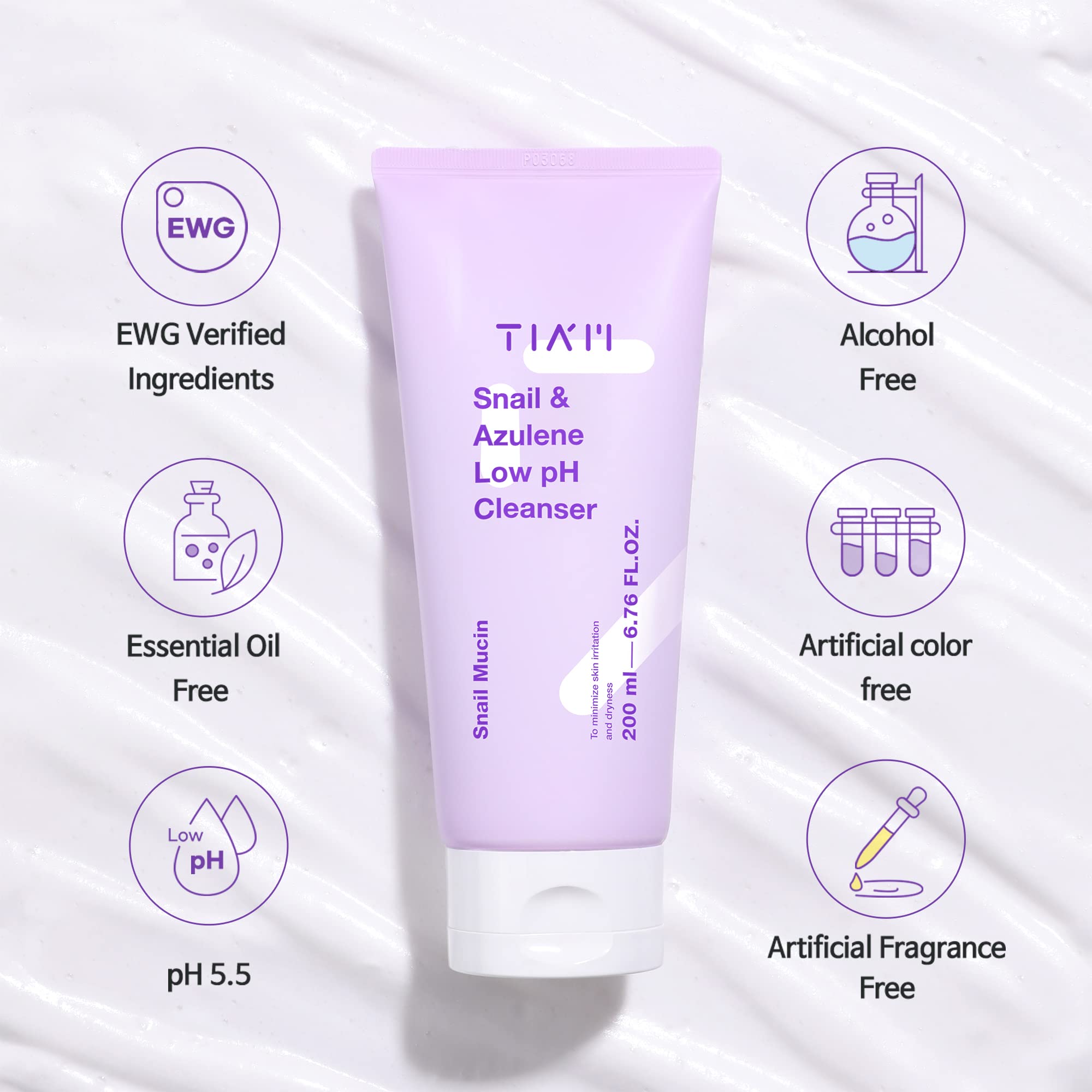 TIAM Snail&Azulene Low pH Cleanser, 6.76 fl oz, Daily Gentle Face Cleanser with Snail Mucin, Suitable for Sensitive Skin, pH Balancing, Korean Skin Care, Korean Face Wash
