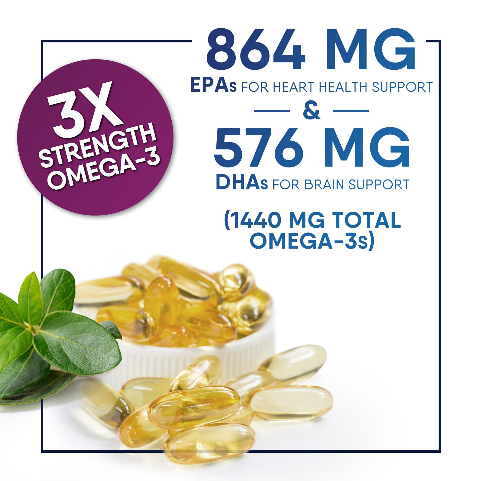 Omega 3 Fish Oil 2400 mg - Triple Strength Omega3, EPA & DHA Fatty Acids Supplement - Natural Support for Immune, Heart & Brain Health - Wild Caught, Non-GMO, Lemon Flavor, Burpless - 120 Softgels