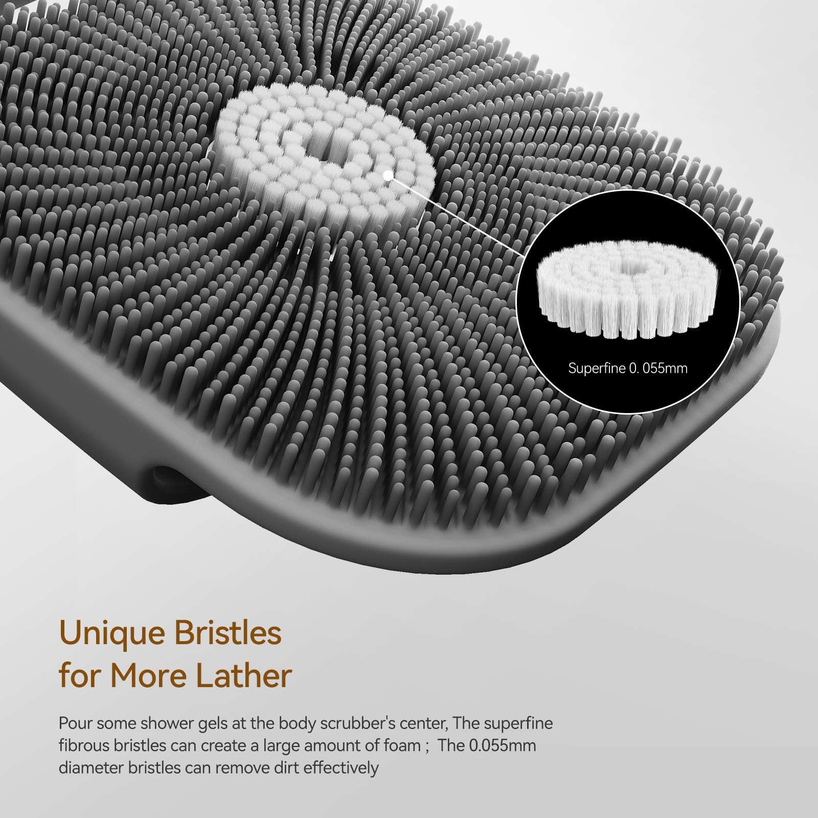 Silicone Body Scrubber for Men Women, Friendly Shower Body Scrubber for Sensitive Skin, Silicone Loofah Body Scrubber for Showering with Richer Foam Bristles and Anti-Slippery Handle, Gray