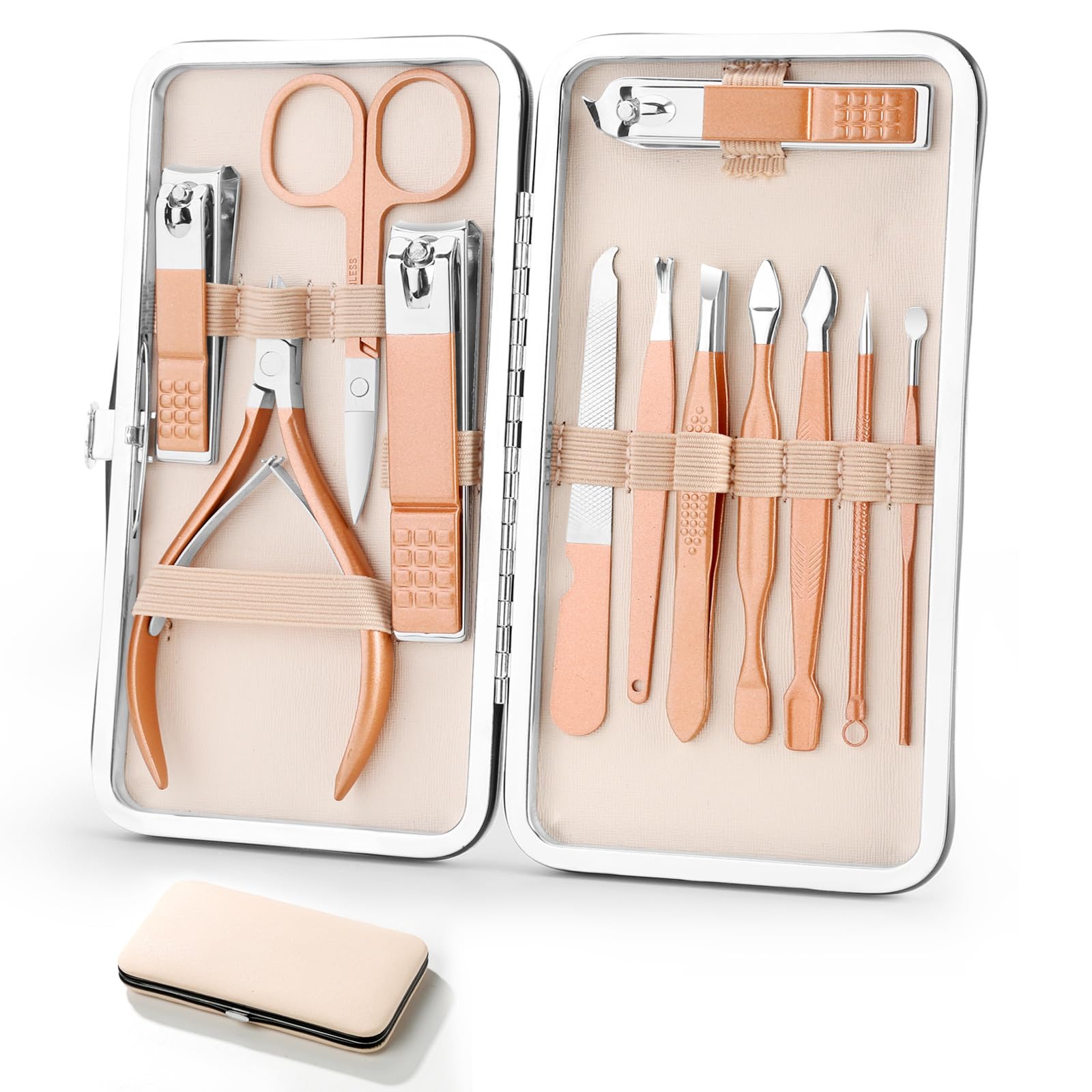 Nail Clippers Set Manicure Pedicure Kit - Manicure Set Women Professional Stainless Steel Pedicure Nail Clipper Tools + Aceoce Travel Luxury 12 In 1 With Grooming Travel Leather (Rose Glod)