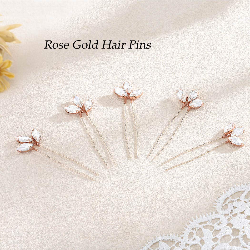Jakawin Bride Wedding Hair Pins Crystal Hair Piece Rhinestone Bridal Hair Accessories for Women (Pack of 5) HP068 (Rose Gold)