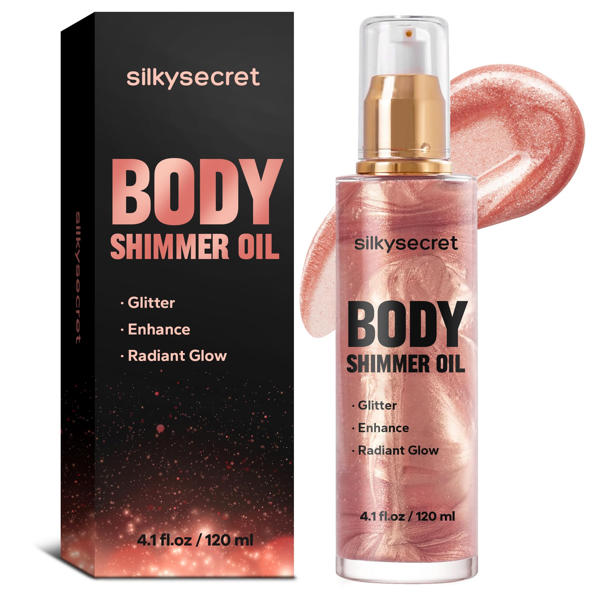 Body Shimmer Oil (4.1 Fl Oz), Body Shimmering, Long-Lasting Moisturizing, Body Oil for Radiant Glow, Glitter Glow Oil, Body & Face Makeup, Rose Gold