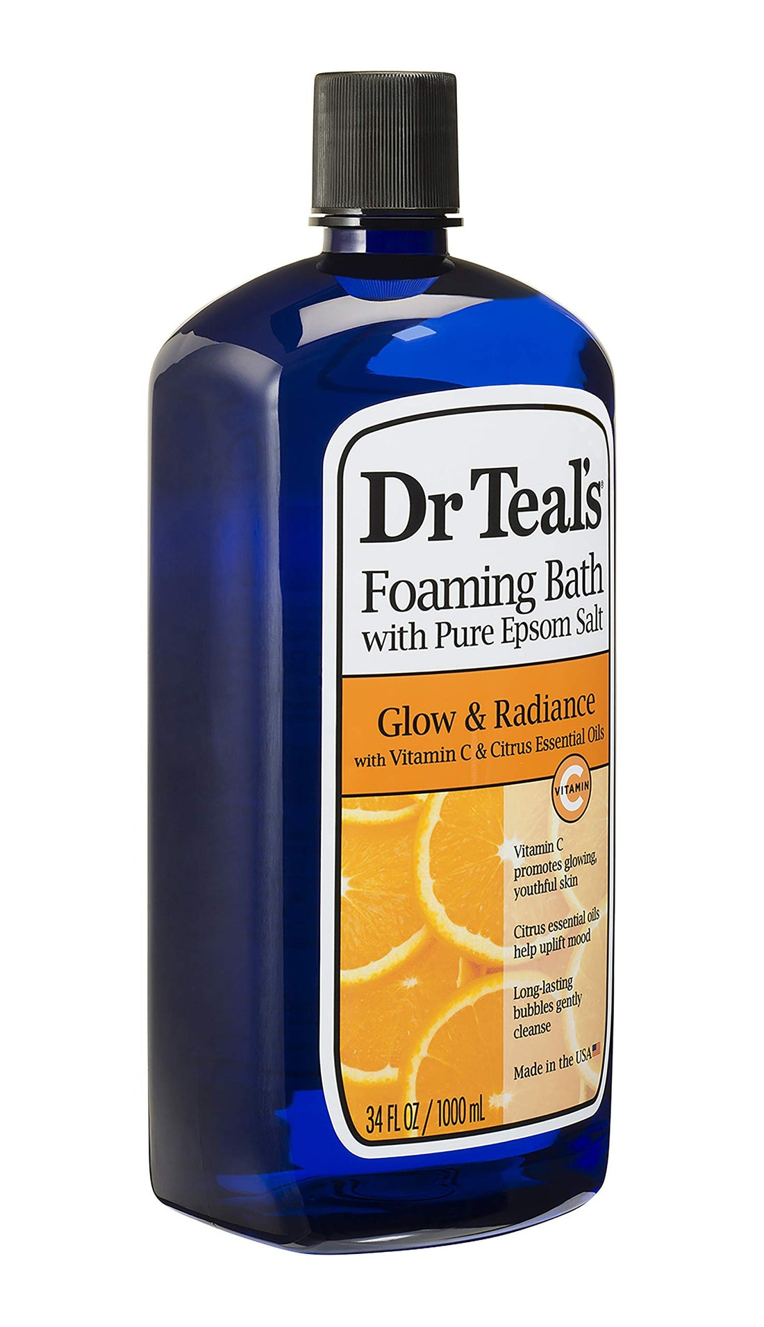 Dr. Teal's Vitamin C & Citrus Foam Bath (1 Bottle, 34oz) - Glow & Radiance Vitamin C & Citrus Blended with Pure Epsom Salt - Essential Oils Relax & Soothe The Body at Home, Relieve Stress