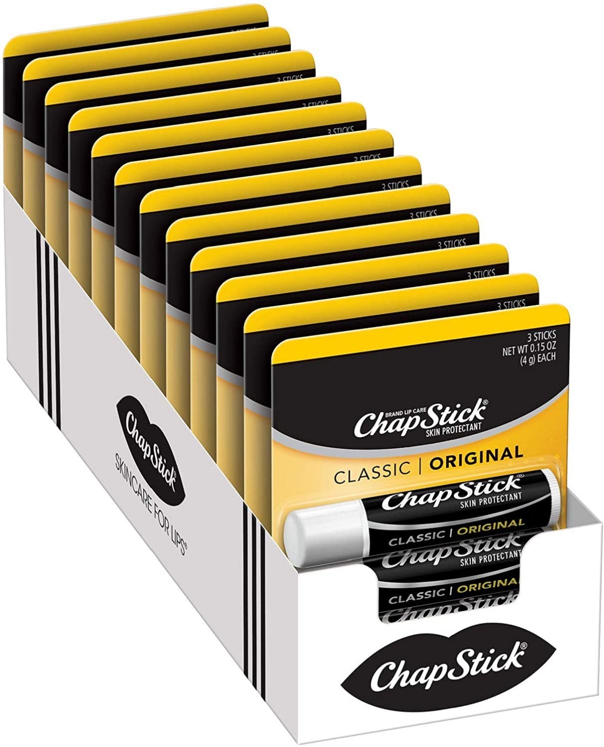 36 Pack, Original: Chapstick Classic (12 Carded Packs Of 3 Sticks) Original Flavor Skin Protectant Flavored Lip Balm Tube, 0.15 Ounce Each (36 Total Sticks)