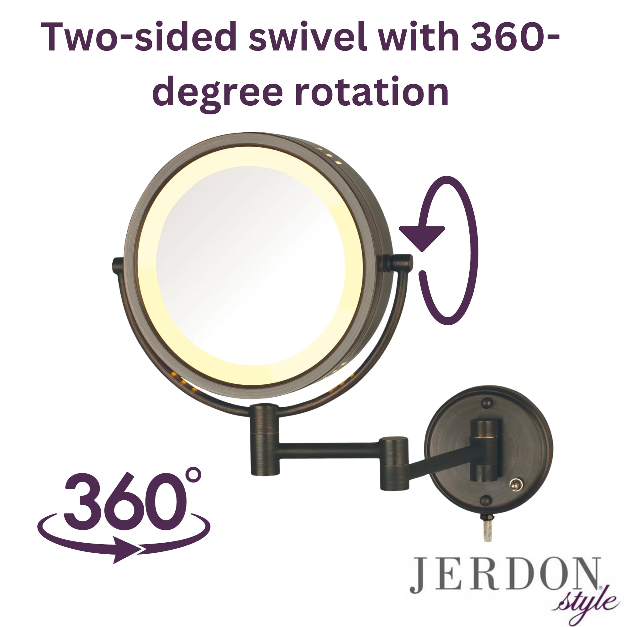 Jerdon HL75BZ 8.5-Inch Lighted Wall Mount Makeup Mirror with 8x Magnification, Bronze Finish