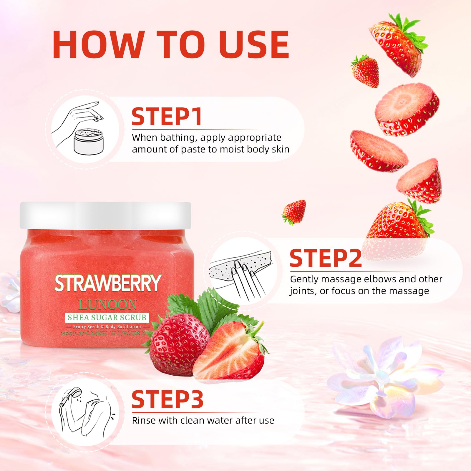 Strawberry Shea Sugar Scrub, 5.29 oz, Ultra Hydrating and Exfoliating Scrub for Nourishing Essential Body Care (1PC, Strawberry)