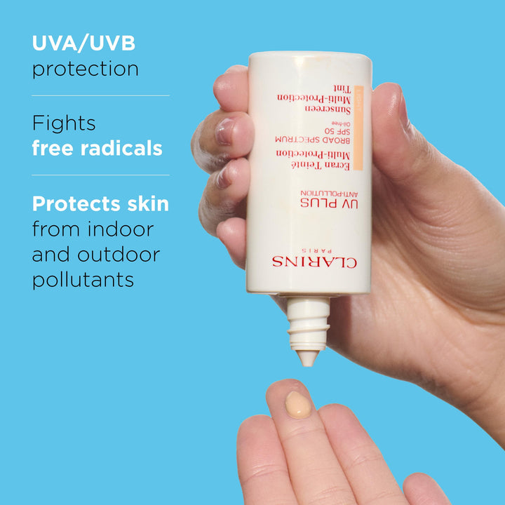 Clarins NEW UV Plus Anti-Pollution, Broad Spectrum SPF 50 Tinted Face Sunscreen | Sheer Finish | Lightweight and Oil-Free | Triple Protection From UVA/UVB Rays, Free Radicals and Pollutants