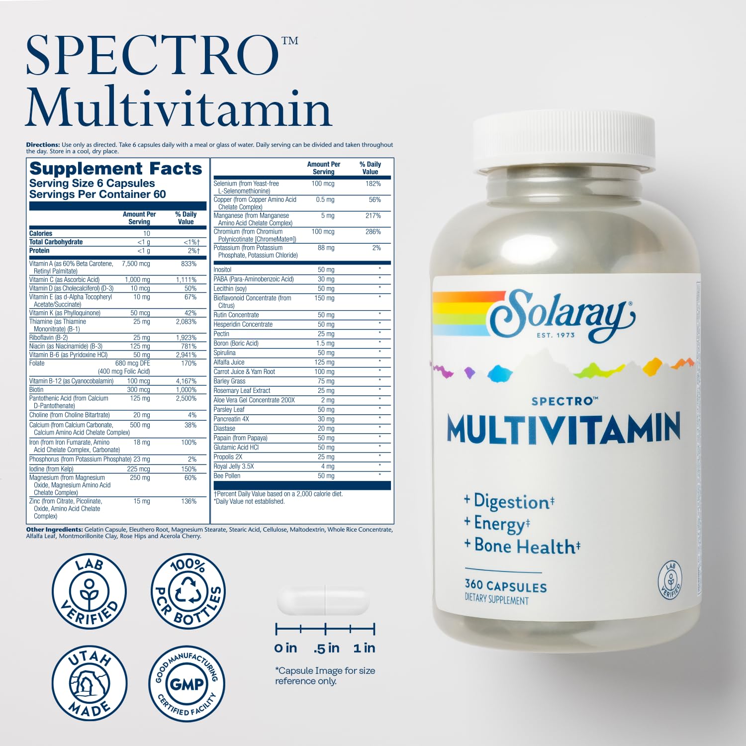 SOLARAY Spectro Multivitamin with Iron - Multi Vitamin with Calcium, Magnesium, Energizing Greens, Herbs & Digestive Enzymes - Digestion, Energy, and Bone Health Support (60 Servings, 360 Capsules)