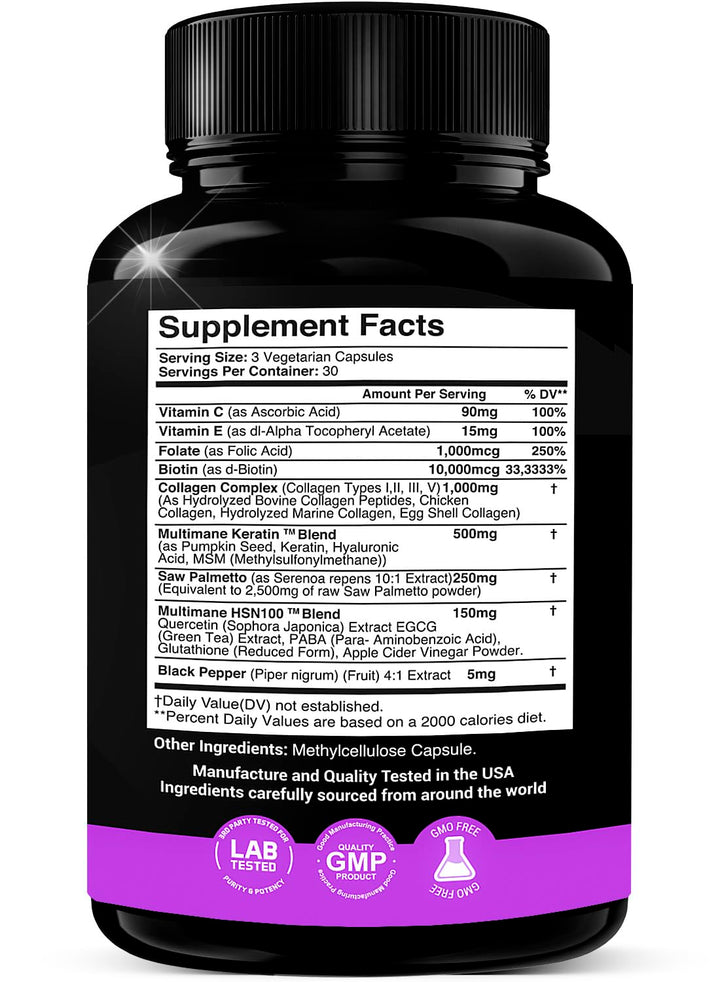 HSN100 - Collagen, Saw Palmetto, Biotin, Keratin & Hyaluronic Acid - 16-in-1 Beauty Supplement with Vitamin C & E, Collagen Complex & Keratin Blend - Hair, Skin & Nail Growth - 90 Capsules