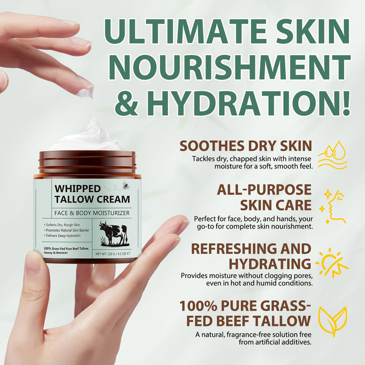 Uruses 2PCS Beef Tallow for Skin, Tallow and Honey Balm, Natural Whipped Tallow Cream for Face & Body Moisturizer, Tallow Cream with Honey & Beeswax, Body Lotion Skin Care for Sensitive Skin