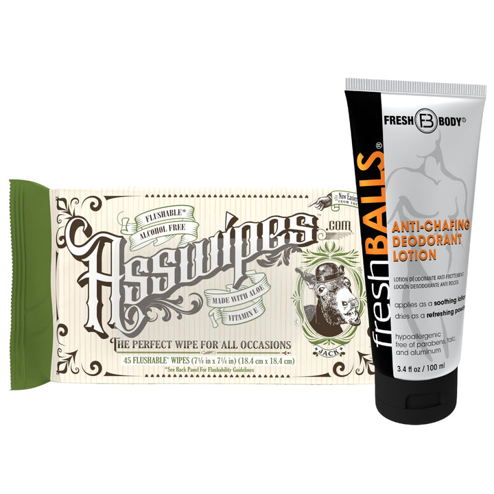 Fresh Body FB The Ultimate Fresh Pack for Men: Fresh Balls 3.4oz Soothing Anti-Chafing Cream, and Asswipes Flushable Cleaning Hygiene Wipes with Aloe and Vitamin E