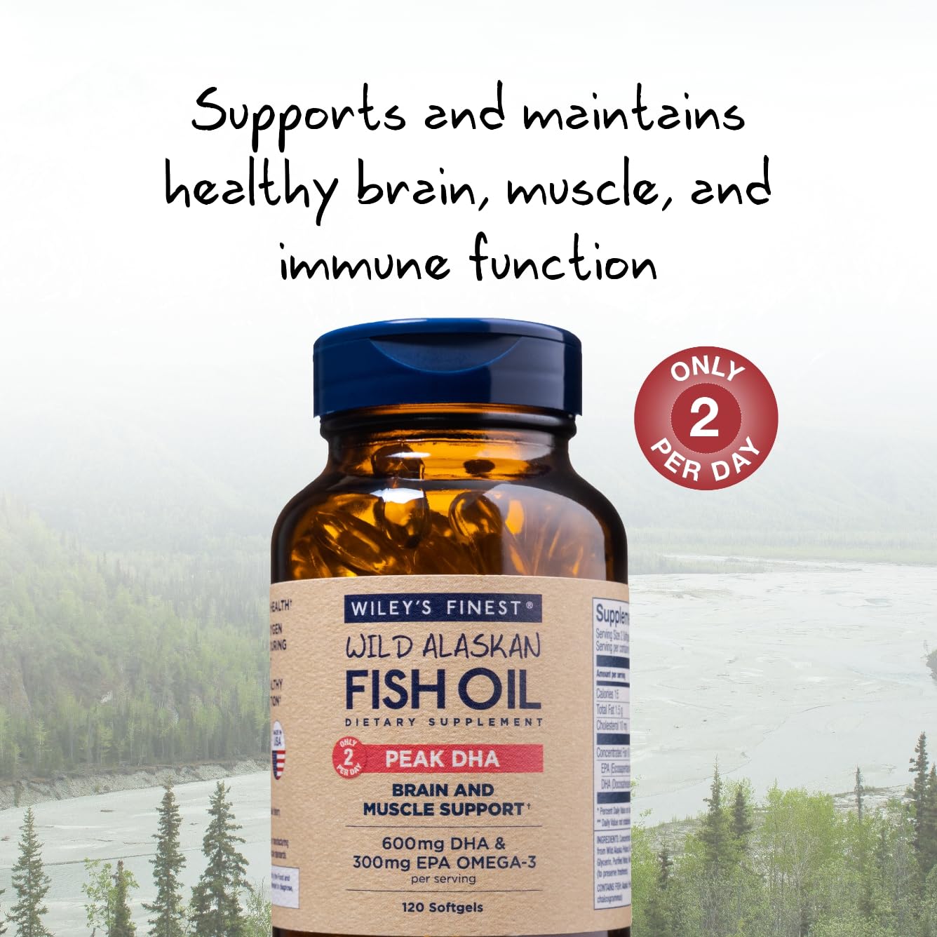 Wiley's Finest Wild Alaskan Fish Oil Peak DHA - 900mg EPA and DHA Omega-3s - 120 Softgels (60 Servings)