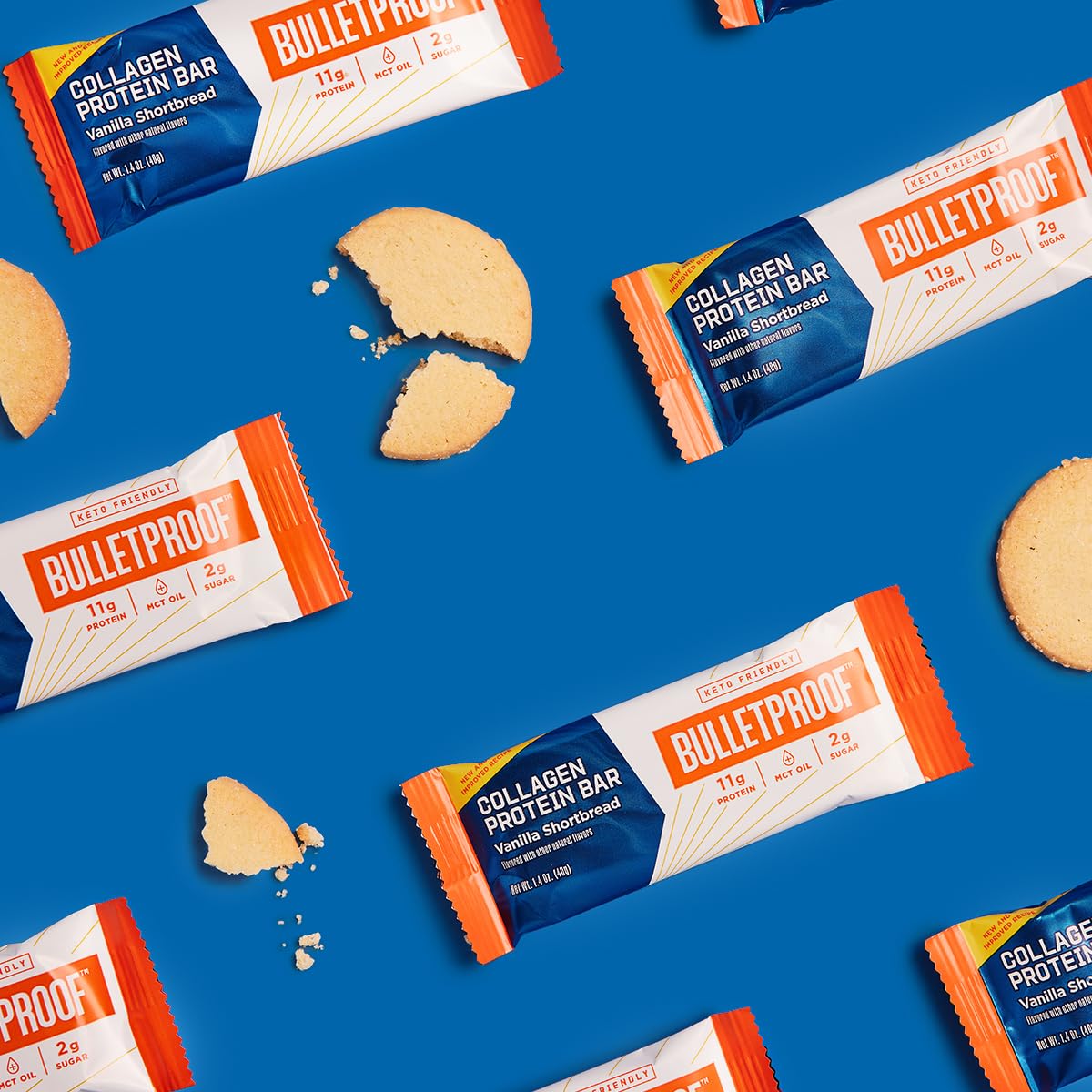 Collagen Protein Bars, Vanilla Shortbread, 11g Protein, 12 Pack, Bulletproof Grass Fed Healthy Snacks, Made with MCT Oil, 2g Sugar, No Added Sugar