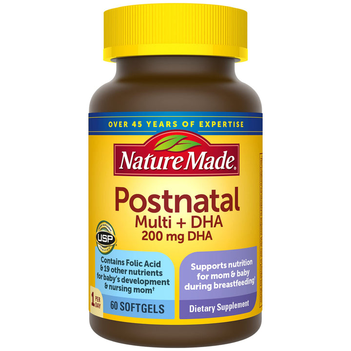 Nature Made Postnatal Multivitamin + DHA 200 mg, Postnatal Vitamins for Breastfeeding Moms & Babies, Vitamins & Nutrients Include Iron, Vitamin D3, Calcium, Iodine and More, 60 Softgels