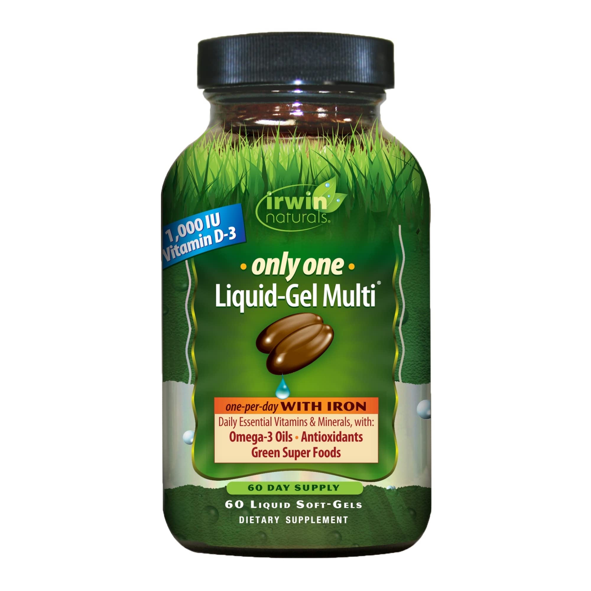Irwin Naturals Only One Liquid-Gel Multi with Iron - 60 Liquid Softgels - Daily Essential Vitamins, Minerals, Antioxidants, Omega-3s & Green Super Foods