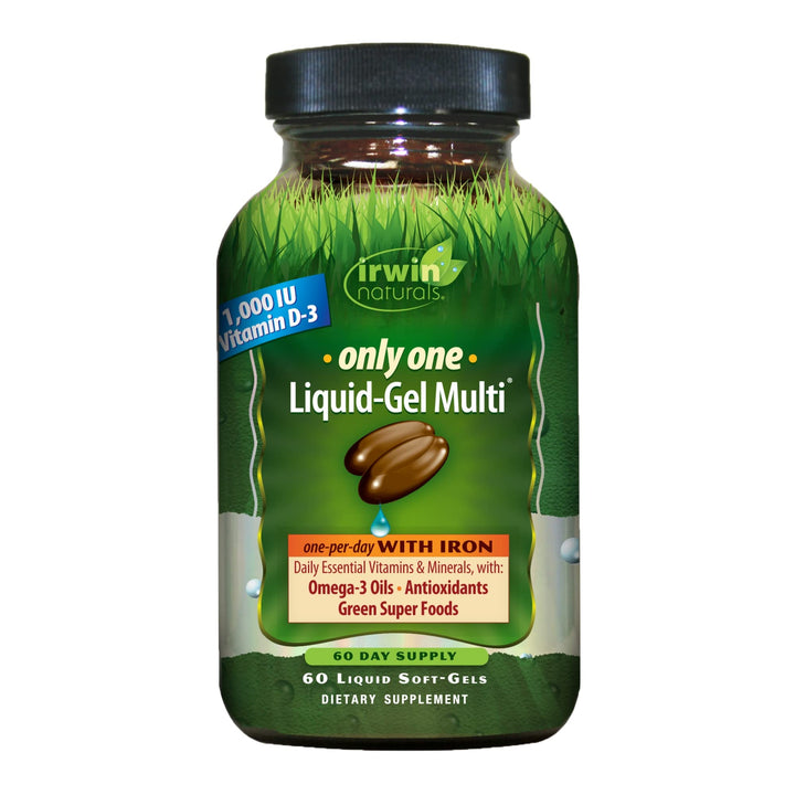Irwin Naturals Only One Liquid-Gel Multi with Iron - 60 Liquid Softgels - Daily Essential Vitamins, Minerals, Antioxidants, Omega-3s & Green Super Foods
