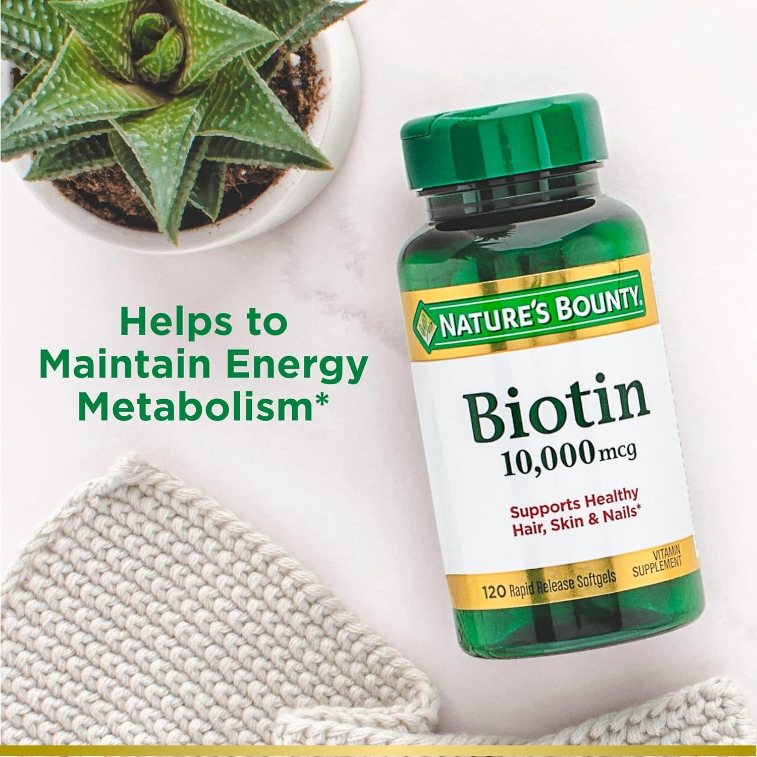 Nature's Bounty Biotin 10000 mcg, Supports Healthy Hair, Skin and Nails- Rapid Release Softgels- 120 Ct.,