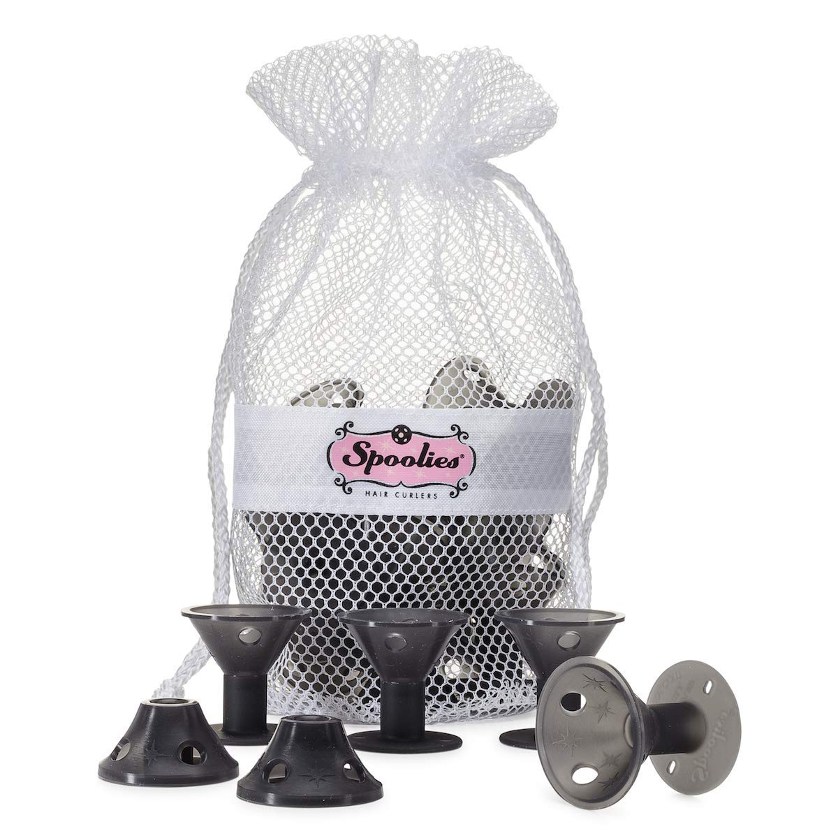 Original Spoolies Hair Curlers, Jumbo Size - 15 Count, with Mesh Bag Gift! (Shadow Black) For Beach Waves, Spiral Ringlets, Pin Curls, Retro Hairstyles, Permanent Waves, Hair Extensions + Wigs