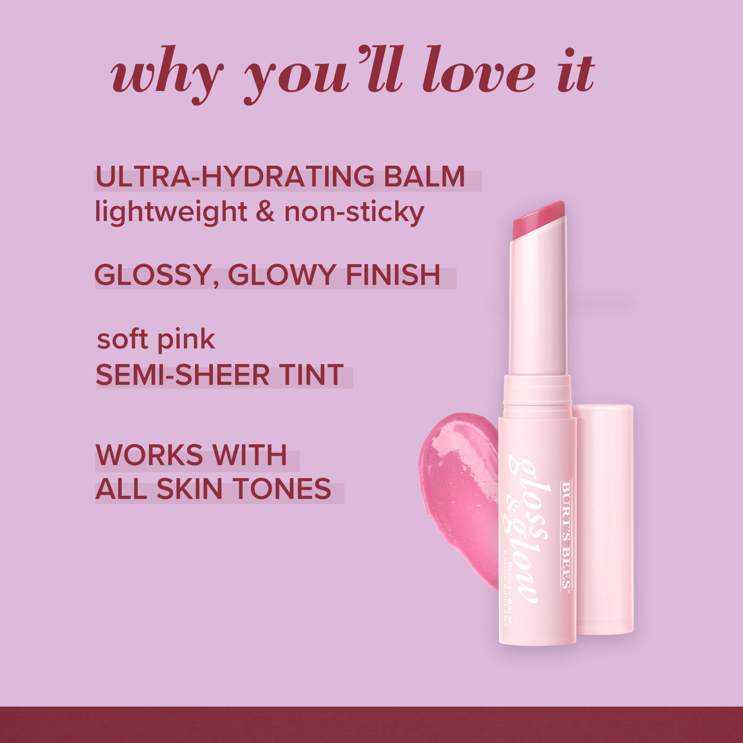 Burts Bees Gloss and Glow Glossy Balm, 100% Natural Origin, Winning in Pink, 1 Tube, Pack of 2