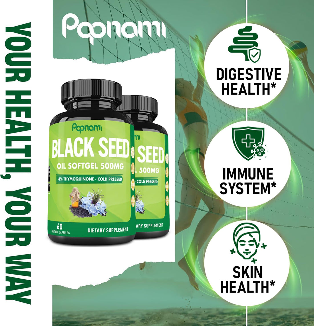 Premium Black Seed Oil Softgel Capsules - 2 Packs 60 Counts 500mg - 4 Month Supply for Immunity, Circulation, Digestive, Skin, Hair & Body Management