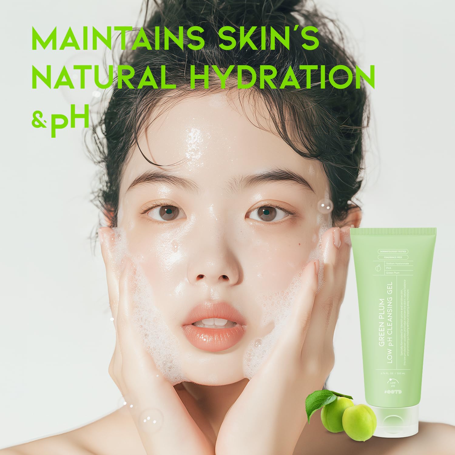 #OOTD Hydrating Facial Cleanser, Gentle Soothing Korean Cleanser Face Wash for Acne-prone Sensitive Skin. Green Plum Low pH Cleansing Gel 200ml 6.76 Fl. Oz.
