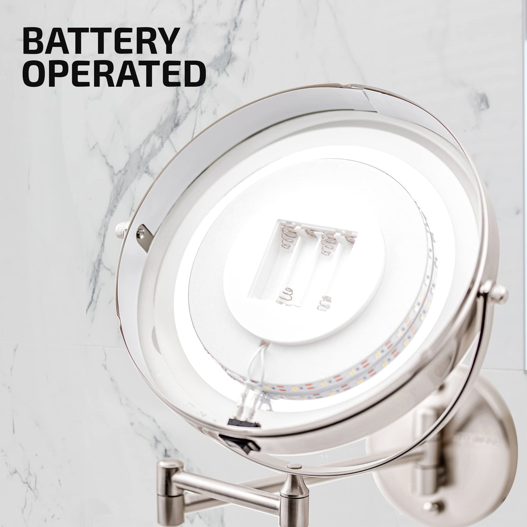 OVENTE 9 Lighted Wall Mount Makeup Mirror with 1X/7X Magnification, Cordless Double Sided Magnifying Round Vanity Mirror, 360° Swivel Design, Extendable and Folding Arm, Nickel Brushed MFW85BR1X7X