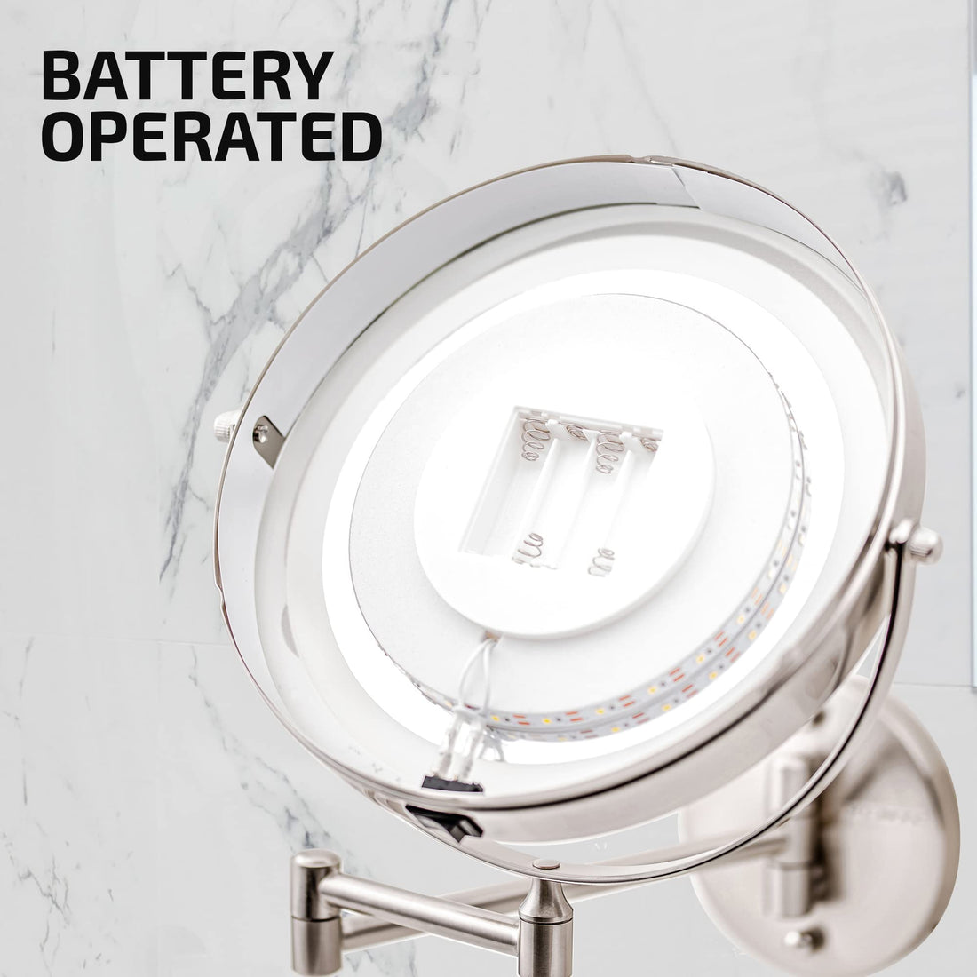 OVENTE 9 Lighted Wall Mount Makeup Mirror with 1X/7X Magnification, Cordless Double Sided Magnifying Round Vanity Mirror, 360° Swivel Design, Extendable and Folding Arm, Nickel Brushed MFW85BR1X7X