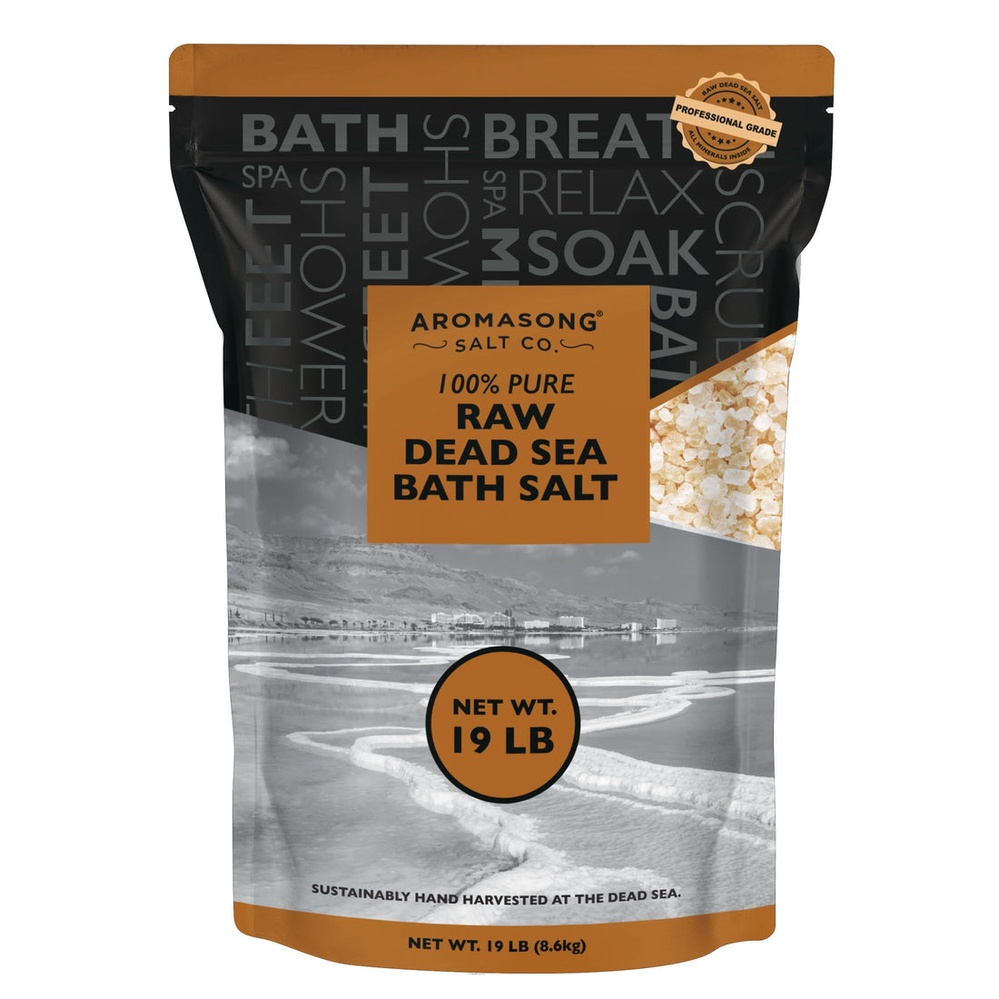 19 lbs Raw Dead Sea Salt Not Cleaned - Still Contains All Dead sea Minerals Including Dead sea Mud - Fine Medium Grain Bath Salt Large resealable Bulk Pack (Packaging May Vary)