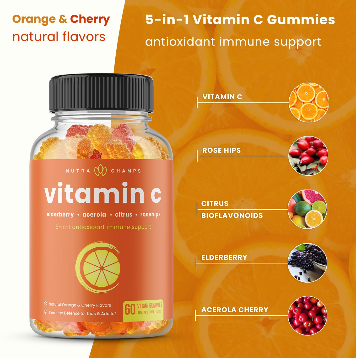 NutraChamps Vitamin C Gummies for Adults & Kids, 5-in-1 Immune System Support with Elderberry, Rosehips, Citrus Bioflavonoids & Acerola Cherry, Immunity Booster Supplement (Pack of 2)