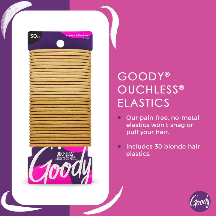 Goody Ouchless Elastic Hair Ties - 30 Ct, Blonde, 4MM Rubber Bands for Hair, Pain-Free Hair Accessories for Women & Men, Made for Long-Lasting Braids, Ponytails & More, All Hair Types