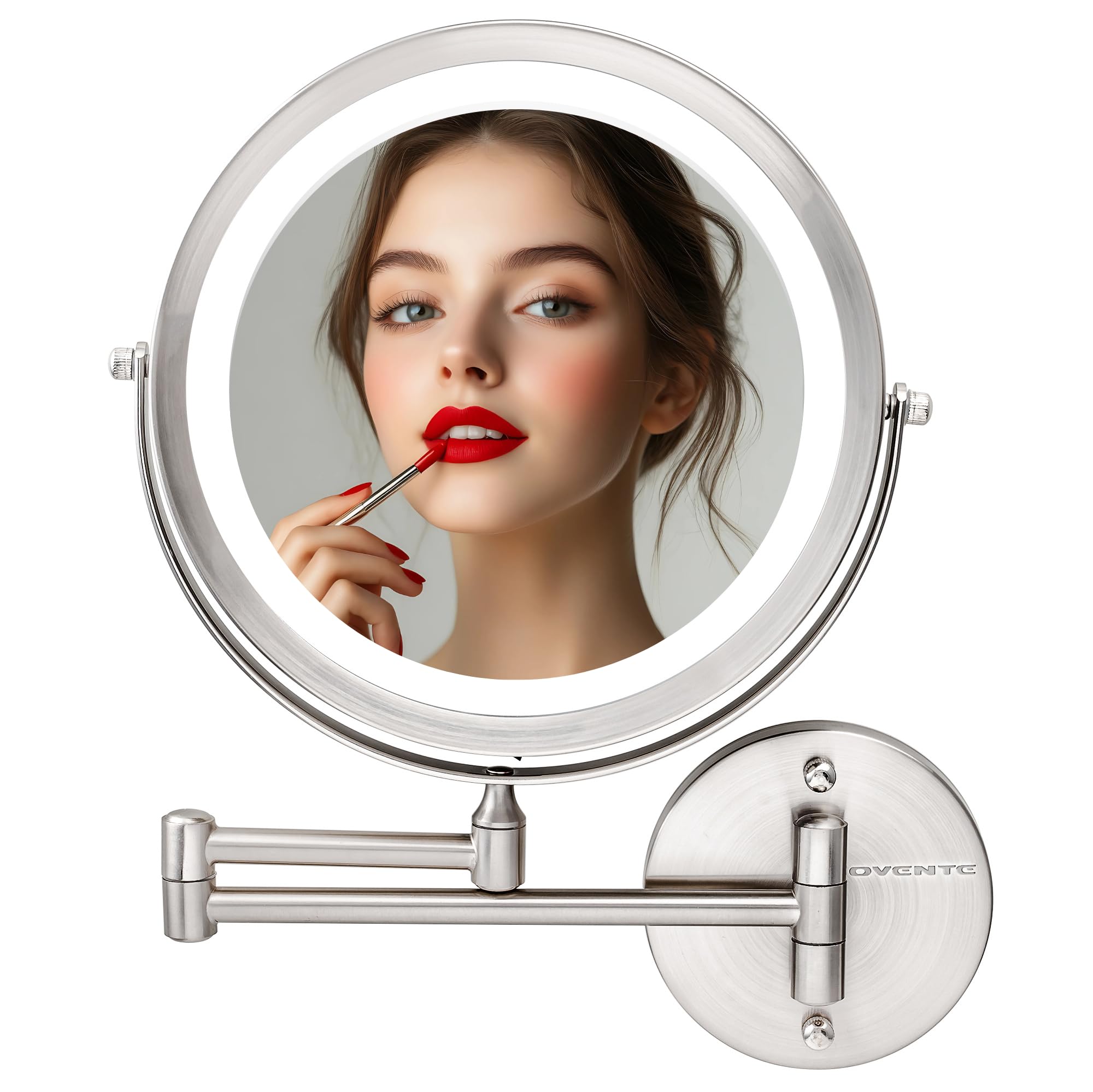 OVENTE 9 Lighted Wall Mount Makeup Mirror with 1X/10X Magnification, Cordless Double Sided Magnifying Round Vanity Mirror, 360° Swivel Design, Extendable and Folding Arm, Nickel Brushed MFW85BR1X10X