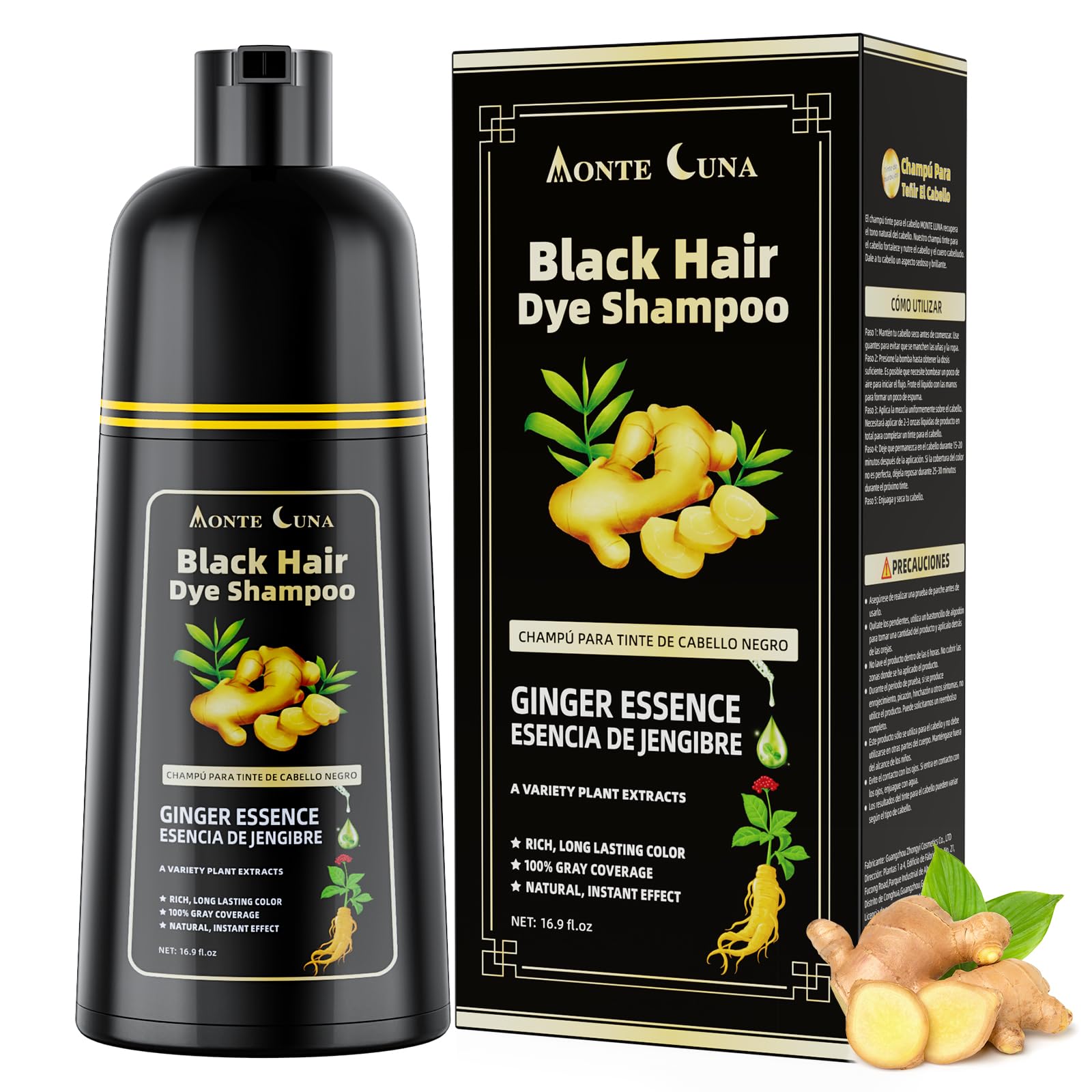 IIIMEIDU Black Hair Dye Shampoo 3 in 1, Natural Hair Dye Semi Permanent Hair Color, Gray Hair Cover Up, Ginger Essence shampoo for Color Treated Hair for Women and Men (500ml)