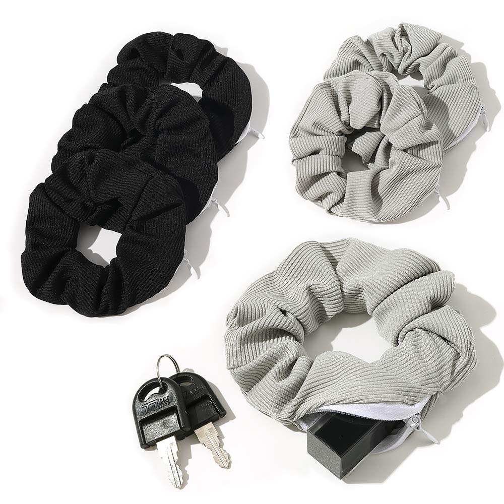 Pocket Scrunchies with Zipper Stash Scrunchy Hair Ties (Black Gray)