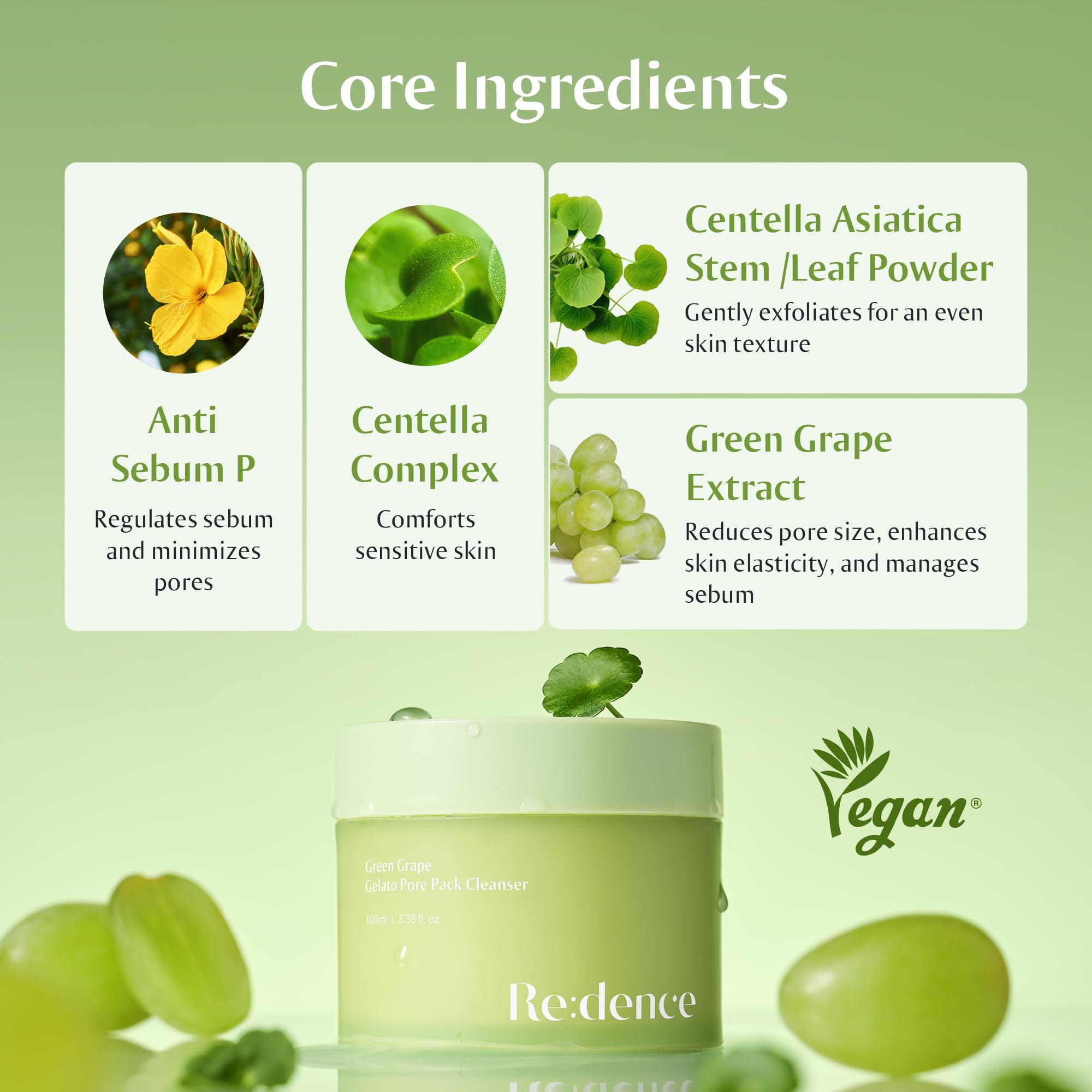 [Redence] Green Grape 3-in-1 Gelato Pore Mask Cleanser, Pore Exfoliating Scrub Mud Mask, No Tightness, Korean Skin Care, 100ml / 3.38 fl oz