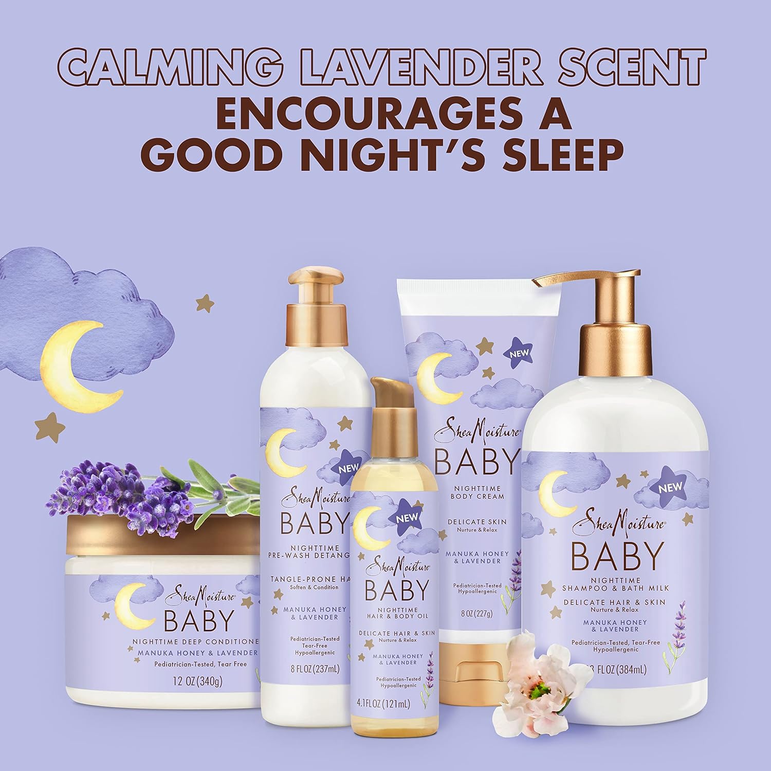 Shea Moisture Baby Care Set – Relaxing Nighttime Shampoo & Bath Milk + Nighttime Body Cream for Delicate Skin, Manuka Honey & Lavender (2 Piece Set)