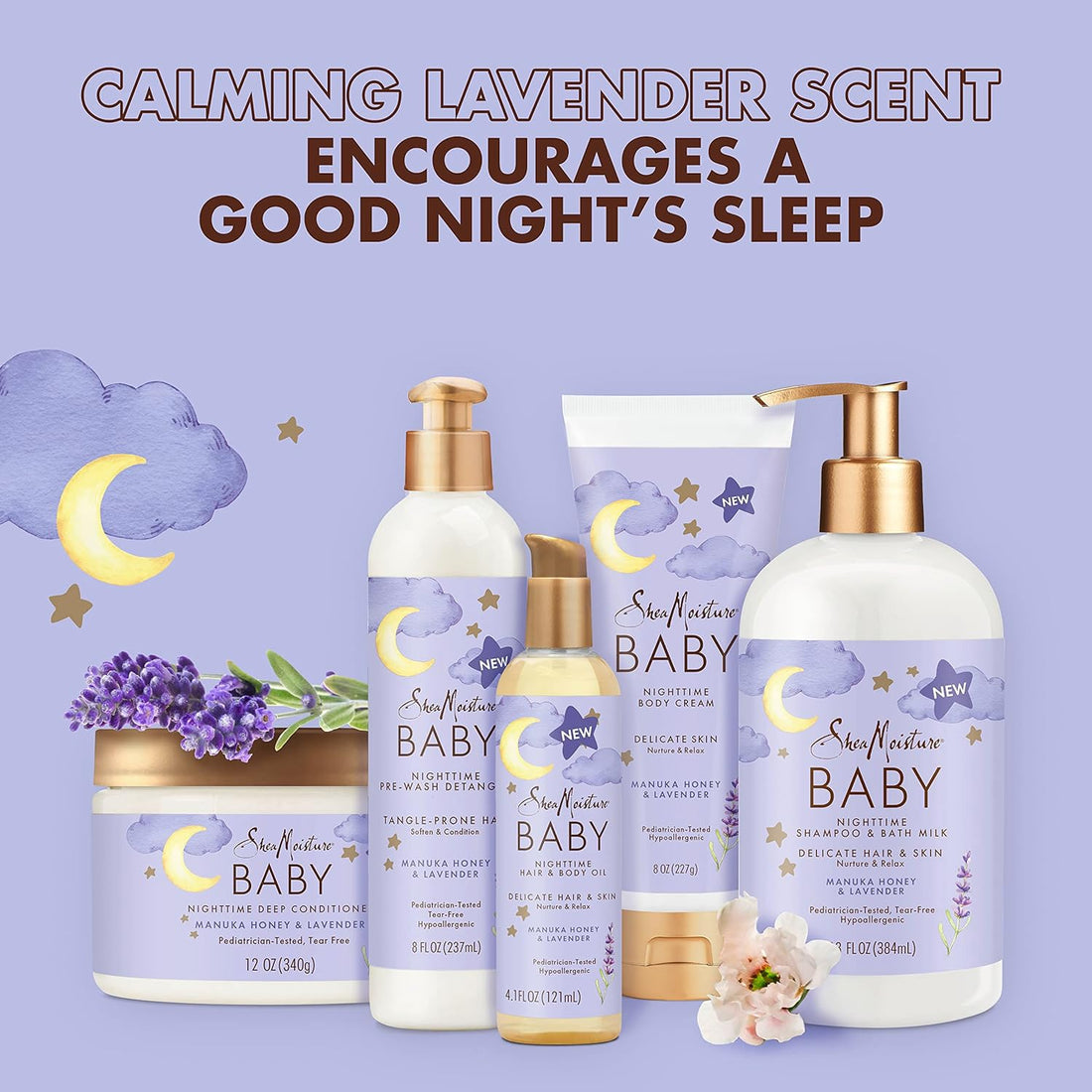 Shea Moisture Baby Care Set – Relaxing Nighttime Shampoo & Bath Milk + Nighttime Body Cream for Delicate Skin, Manuka Honey & Lavender (2 Piece Set)